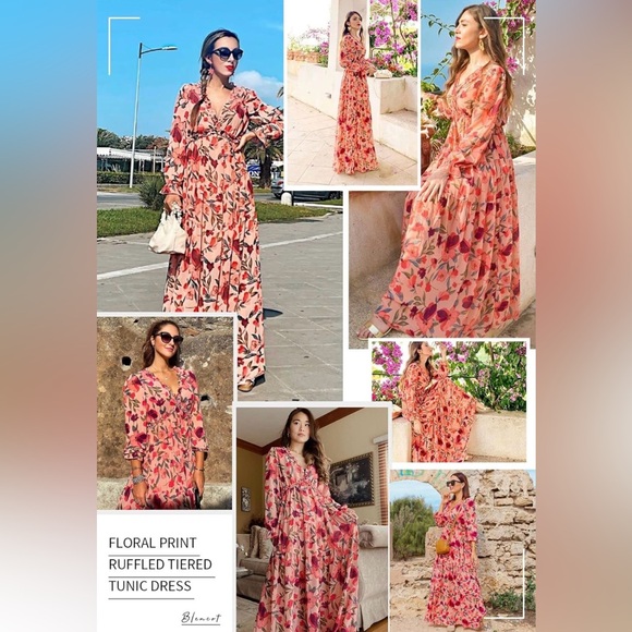 Floral maxi dress, deep V neck, long sleeve dress, size large - Picture 4 of 4